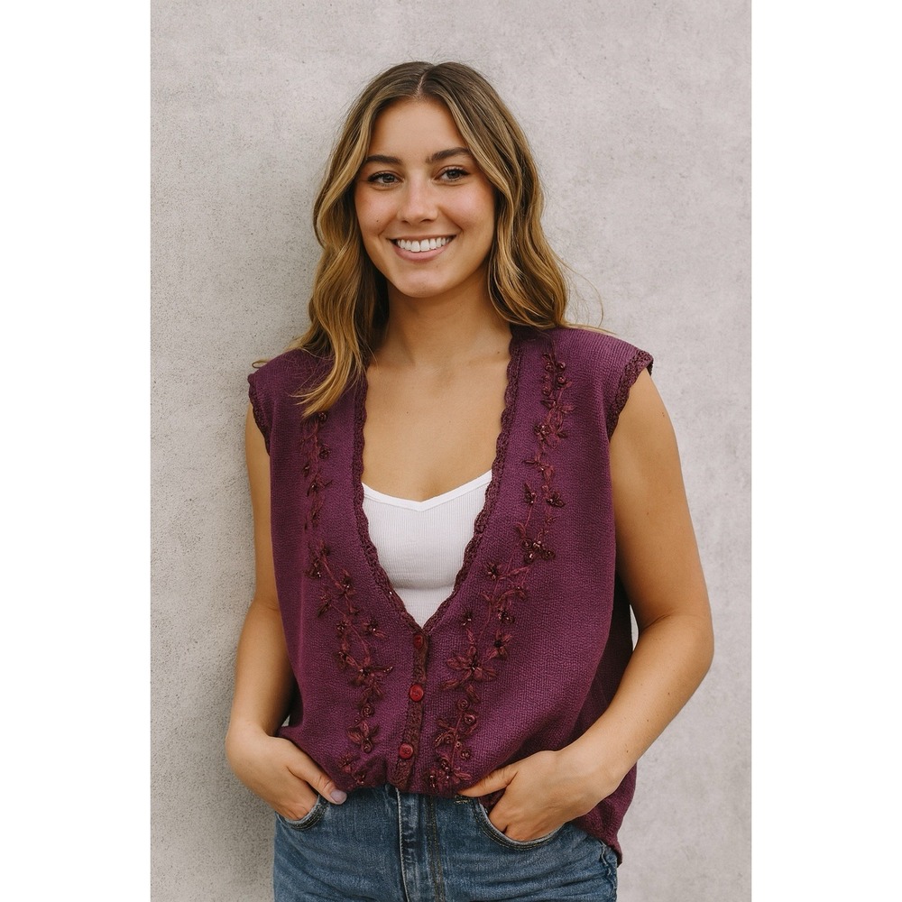 Extra Touch Vest 3X Burgundy Beaded Grandmacore Cottagecore Gorpcore Layer